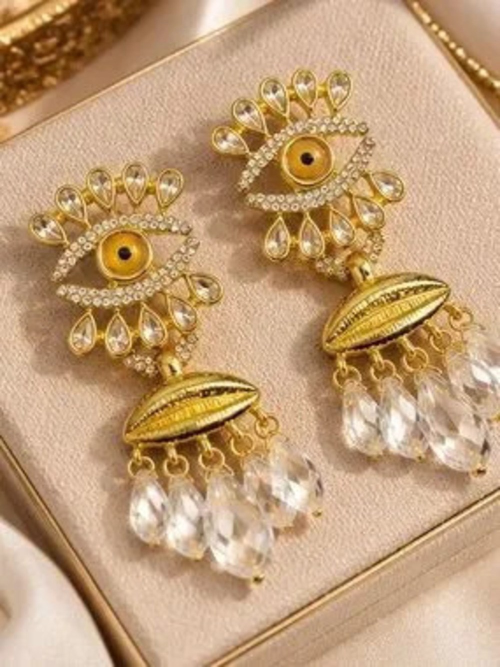 Gold Crystal Evil Eye Drop Earrings